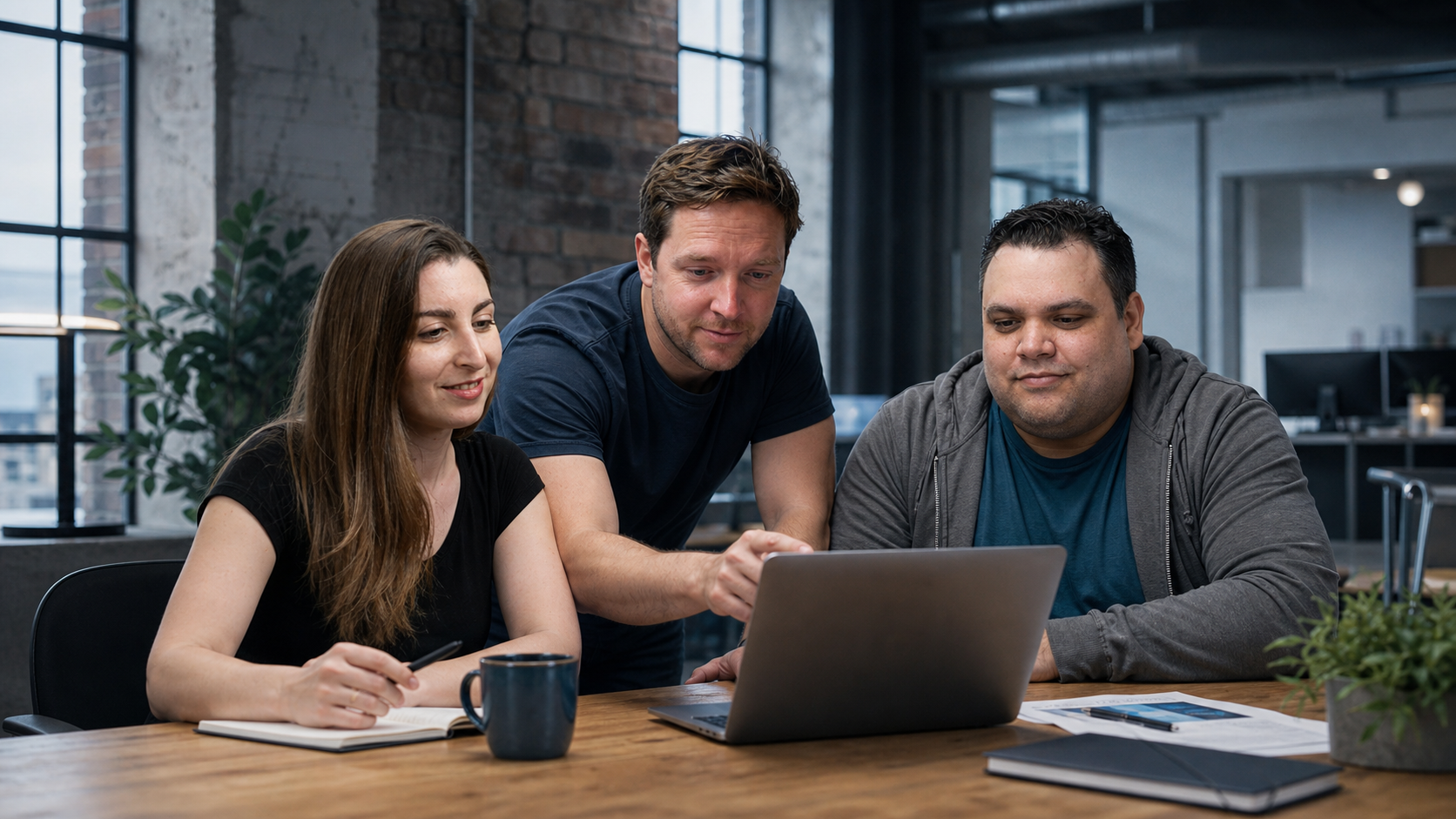 Three professionals collaborating in a loft-style tech office