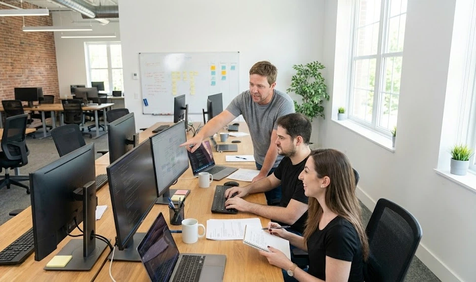 Myles pointing at a computer screen