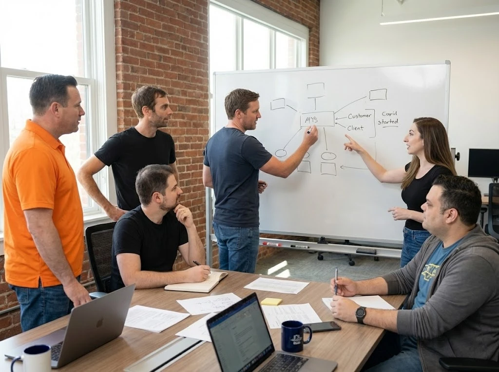 Team working together at a whiteboard